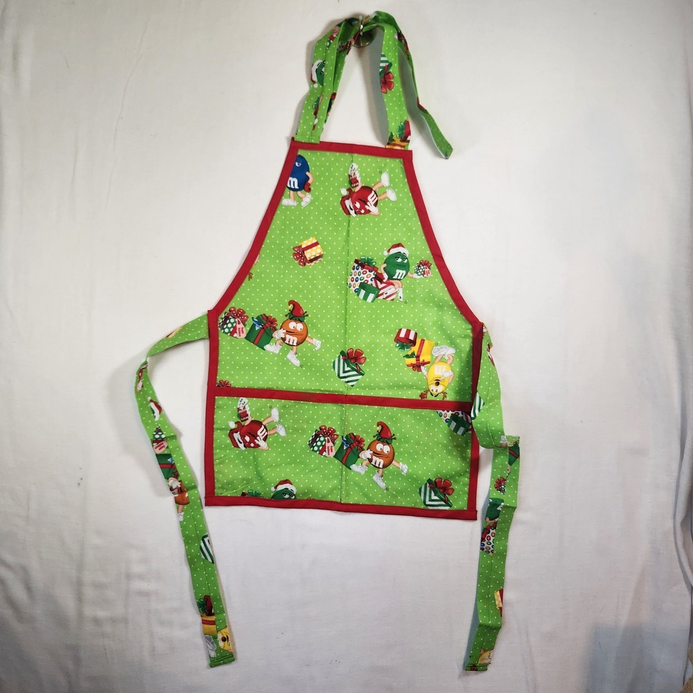 Handmade M&M's Christmas Holiday Apron Green Polka Dot Red Trim Front Pocket